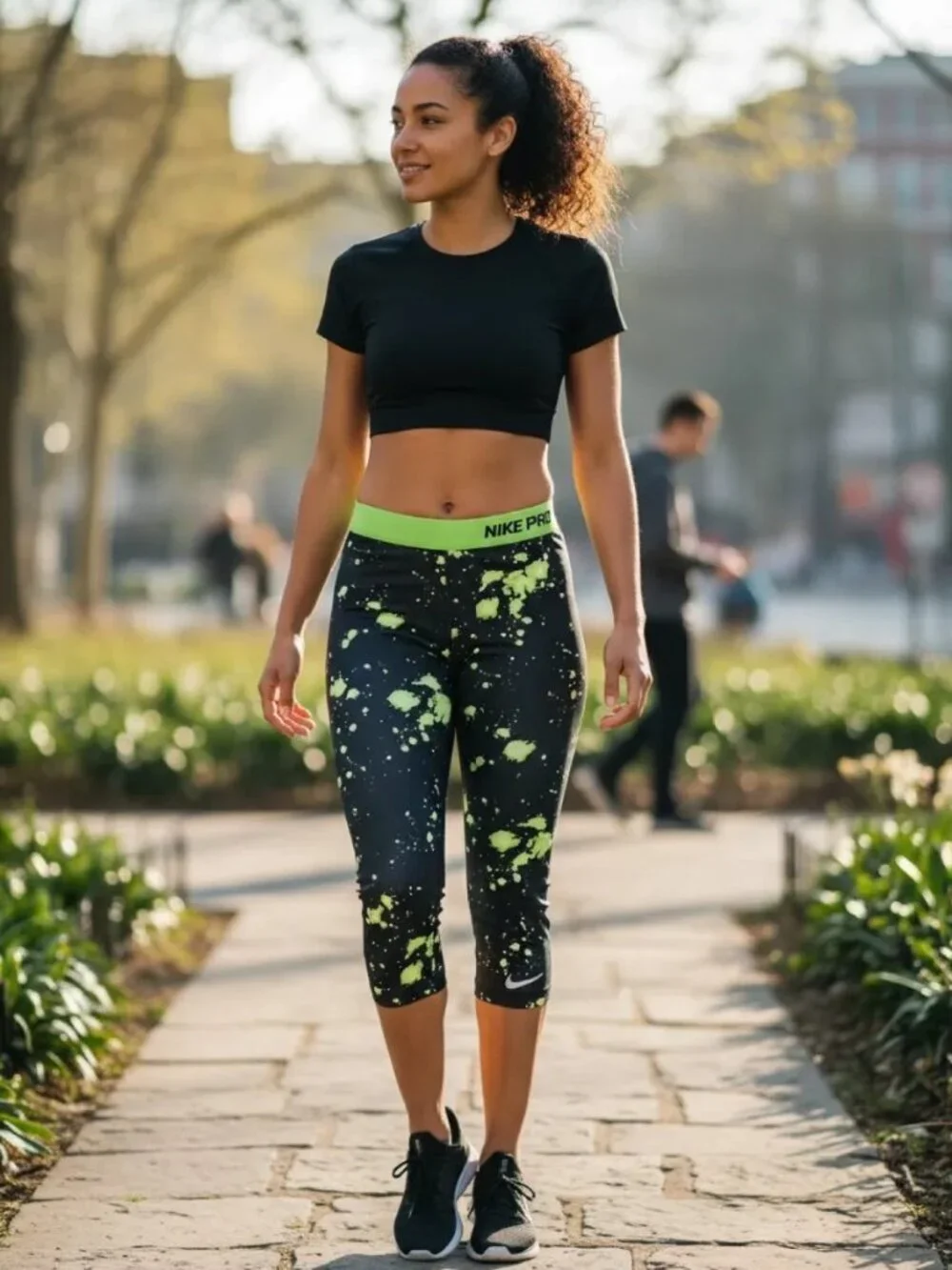 Nike Pro Dri-FIT Fitted Capri Leggings - Black w/Neon Green Splatter - Women's S